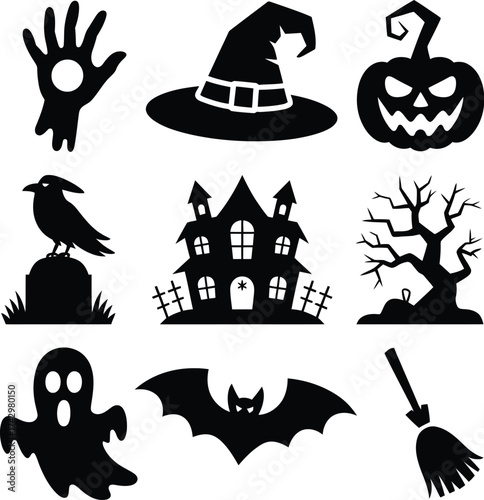 Halloween vector icons spooky objects silhouette ghost