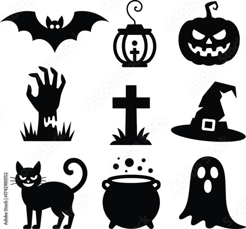 Halloween icons bat pumpkin ghost cat cauldron witch hat cross zombie hand lantern