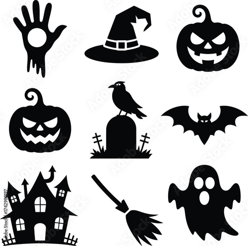 Halloween icons spooky objects vector silhouette