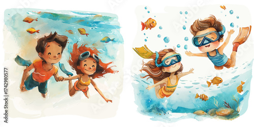 couple diving watercolor vector illustration
