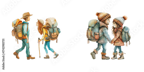 couple hiking watercolor vector illustration