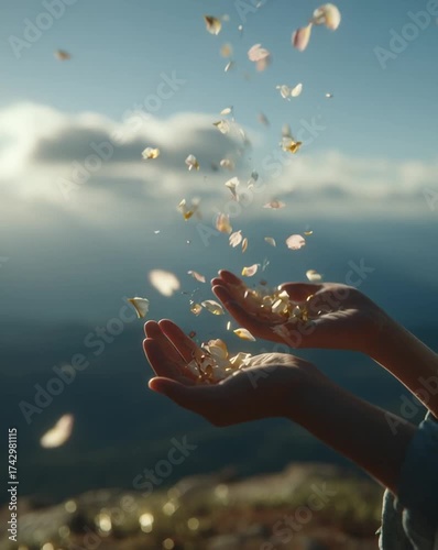 A cinematic close-up capturing two hands releasing flower petals on a breezy mountaintop. Soft wind, glowing natural light, and delicate movement create a peaceful, emotional scene