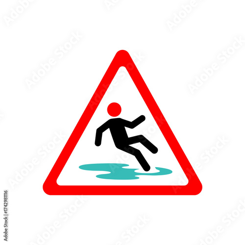 Slippery floor warning sign alerts pedestrians to potential hazard in public area, promoting safety and preventing accidents with clear symbol.