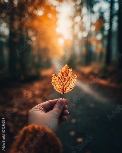 Close-up of a hand holding a leaf on an autumn path. Soft breeze, warm light, and peaceful mood. Natural and calming.