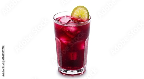 Wallpaper Mural Refreshing red beverage with ice cubes and lime slice in a tall glass on a white background. Torontodigital.ca