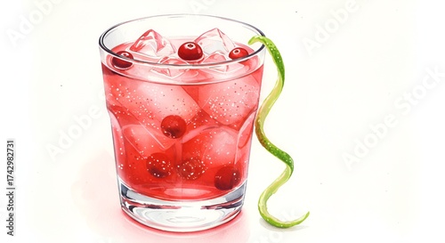 Watercolor illustration of a refreshing cranberry cocktail with ice and lime garnish.