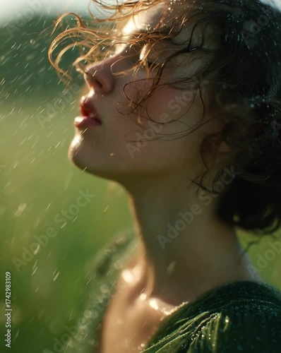 Close-up of a girl spinning in the rain. Soft breeze, glowing light, peaceful and natural vibe.