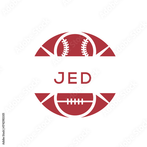 JED Minimal Sports Logo. JED Design with Baseball and Football Icon. JED Modern Athletic Badge Template for Sports Brand or Team Identity.
