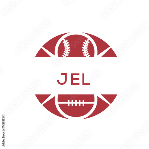 JEL Minimal Sports Logo. JEL Design with Baseball and Football Icon. JEL Modern Athletic Badge Template for Sports Brand or Team Identity.

