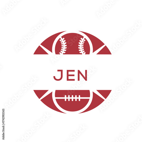 JEN Minimal Sports Logo. JEN Design with Baseball and Football Icon. JEN Modern Athletic Badge Template for Sports Brand or Team Identity.
