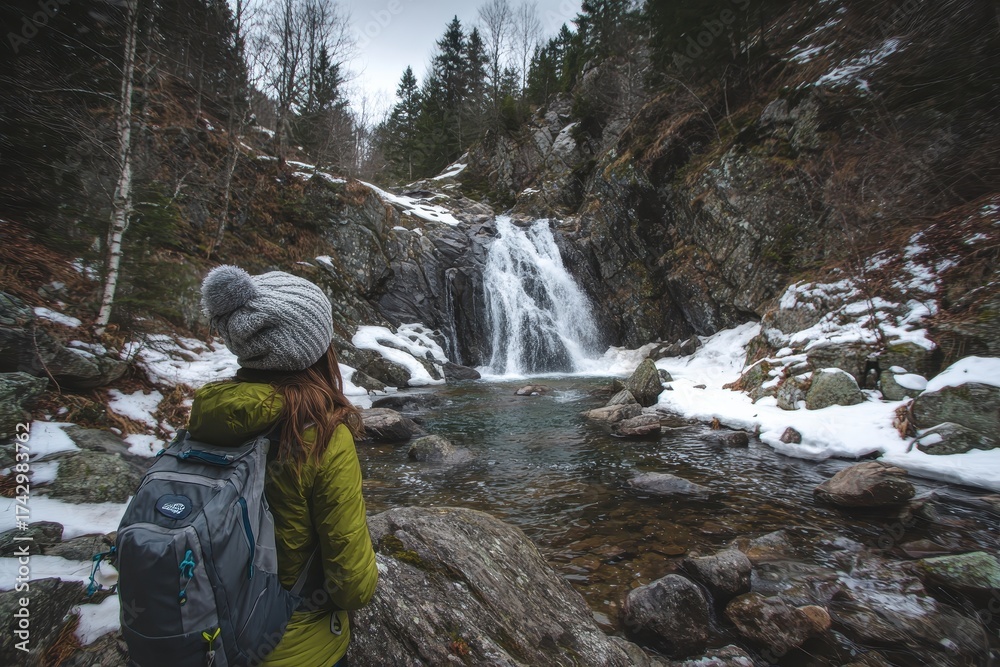 Obraz premium Young female hiker relishing a mountain waterfall amidst early spring snow