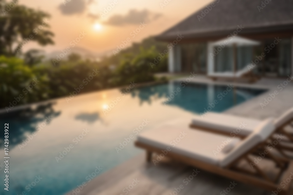 Fototapeta premium Blurred background of a modern swimming pool with lounge chairs beside it for visitors to relax, with a charming sunset.