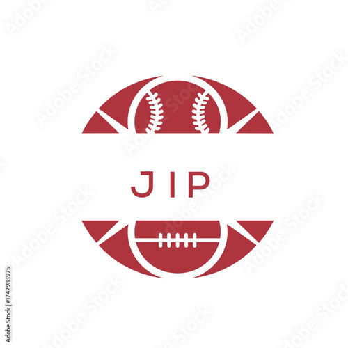 JIP Minimal Sports Logo. JIP Design with Baseball and Football Icon. JIP Modern Athletic Badge Template for Sports Brand or Team Identity
