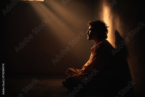 Young prisoner in dim chamber