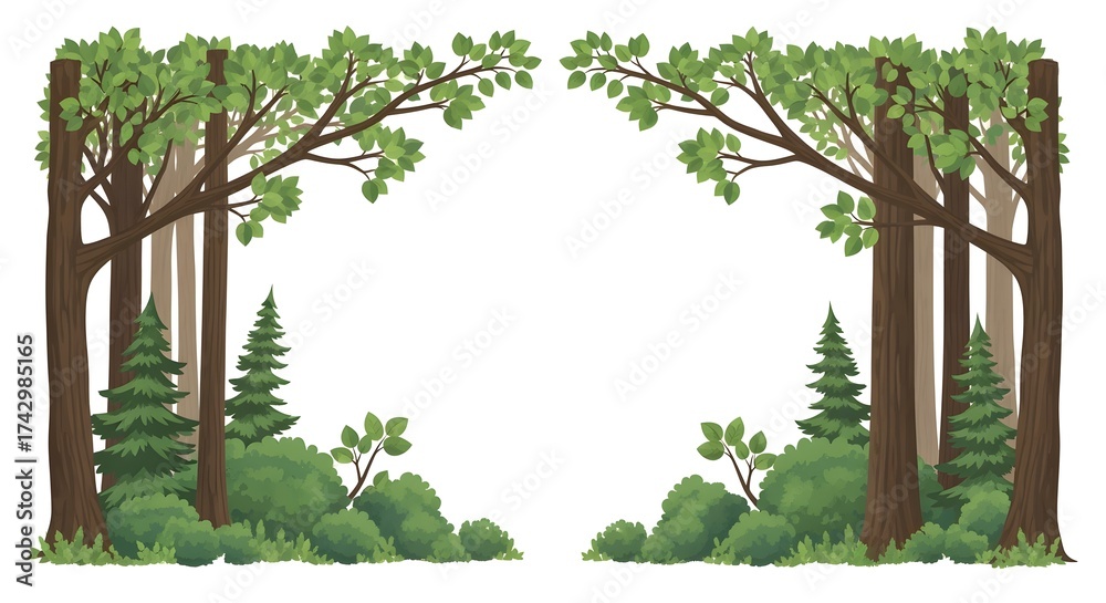 Obraz premium Natural forest border clipart featuring tree trunks, leaves, and branches framing open space, perfect for creative design templates.
