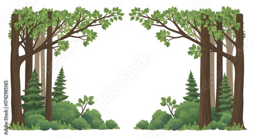 Natural forest border clipart featuring tree trunks, leaves, and branches framing open space, perfect for creative design templates.
