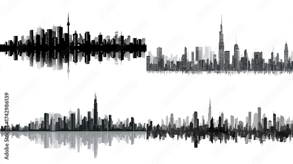 Fototapeta premium Four stylized monochromatic cityscapes with varying reflections sit on a white background, showcasing urban skylines