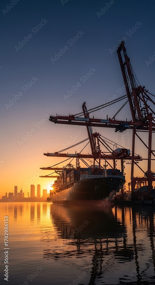 Obraz premium Sunrise Harbor Cargo Ship Docks.