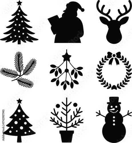 Christmas icons vector silhouette holiday santa claus