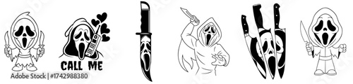 Set of creepy hooded horror mask characters with knives and spooky faces, slasher for halloween, scary costume. ghost character with blade, creepy figure with phone, hearts call me design, scary hunti