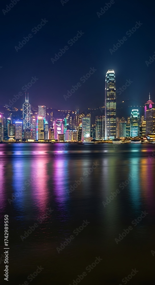 Fototapeta premium Vibrant Night City Skyline Reflections.