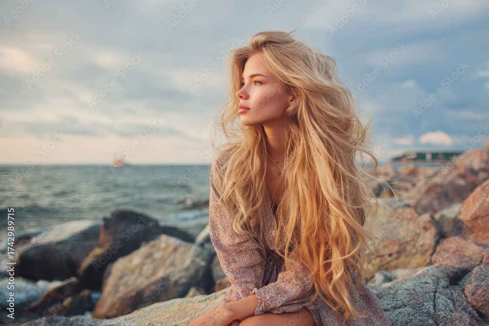 Obraz premium Image of a lovely young woman with long blonde hair on rocks by the ocean Summer theme