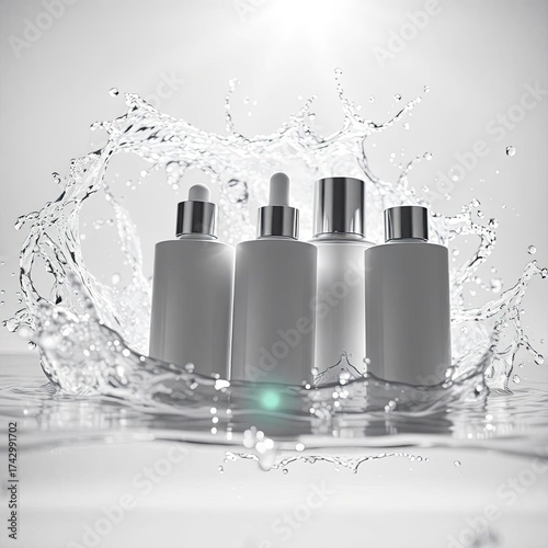 Vibrant Beauty Product Display with White and Pink Skincare Containers in a Hyperrealistic Water Splash