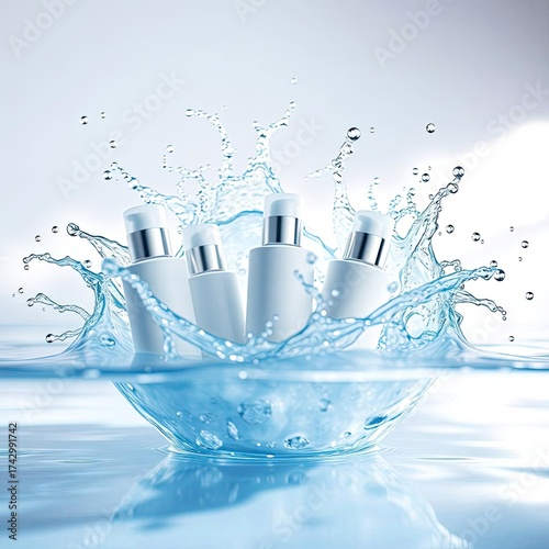 Vibrant Beauty Product Display with White and Pink Skincare Containers in a Hyperrealistic Water Splash