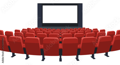 An empty movie theater with rows of red seats facing a large blank screen, ready for a show.