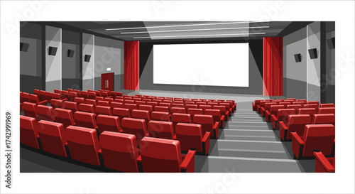 Illustration of a movie theater with red seats and a large screen.