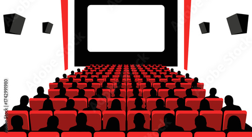 An illustration of a movie theater interior with rows of red seats facing a blank screen.