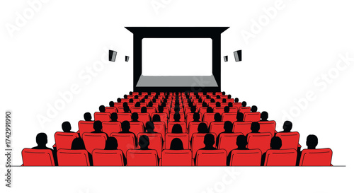 Vector illustration of a crowded movie theater with red seats and a blank white screen, viewed from the back.