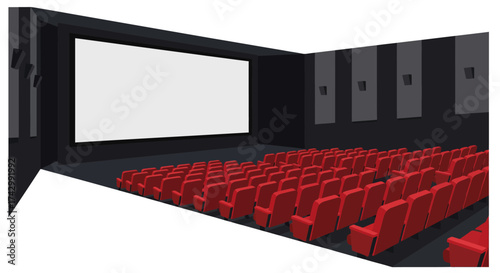 An empty modern cinema hall with rows of red seats facing a large white screen, ready for a movie showing.