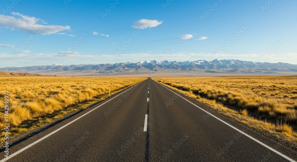 Naklejka premium A straight road leading towards distant snow capped mountains under a blue sky