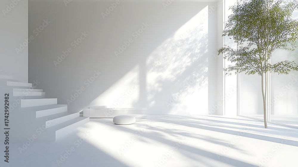 Obraz premium Bright Minimalist Interior with White Stairs, Round Ottoman, and Tree Casting Shadows in Sunlight