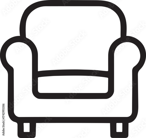 Simple, black and white minimalist line drawing of an armchair
