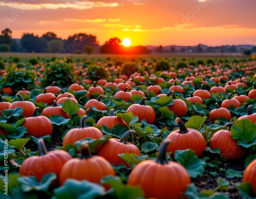 Vintage Sunset Over Pumpkin Field