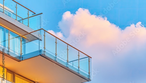 Balconies with glass reflect serene sky, warm light
