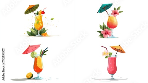Four stylized illustrations of tropical cocktails with garnishes like umbrellas, flowers, and fruit