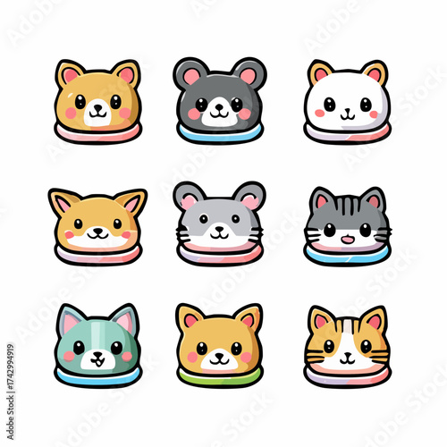 Adorable cartoon animal faces in various colors and designs for children's books, stickers, and prints