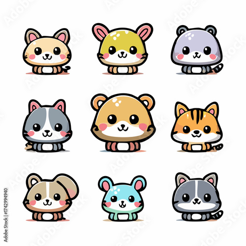 An endearing collection of nine diverse and whimsical cartoon animal illustrations, each featuring a unique, friendly creature with large eyes, rendered in a delightful, cheerful style