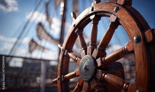 Ship wheel in focus; rigging blurs behind it