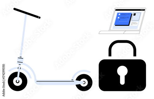 E-scooter, lock, and laptop with online application. Ideal for mobility, security, technology, innovation, data safety urban transport and connectivity. Simple flat metaphor