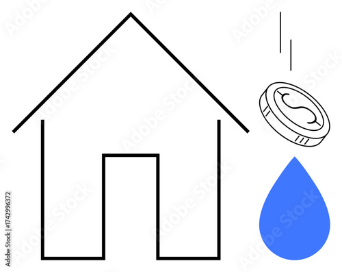Simple house outline with a falling coin and blue water droplet, conveying financial management, resource efficiency, and sustainability. Ideal for housing, finance, ecology, cost-saving, utility