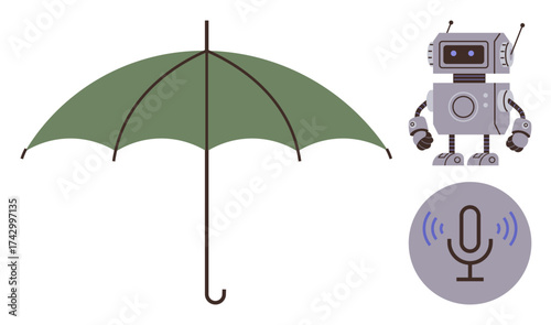 Green umbrella symbolizing protection, next to a gray robot representing technology or AI. Circular microphone with sound waves highlights communication. Ideal for AI, tech, innovation, security
