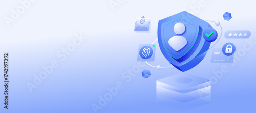 Identity Theft Protection banner illustration Cybersecurity & Digital Identity Protection modern illustration symbolizing cybersecurity and personal data protection, shield security, fingerprint