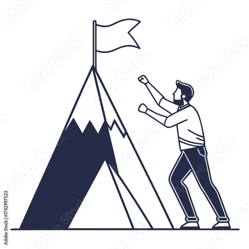 Man achieving success by climbing the mountain and reaching the flag