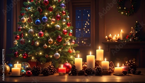Bochas navideñas, velas, piñas, bolas navideñas, decoración 7