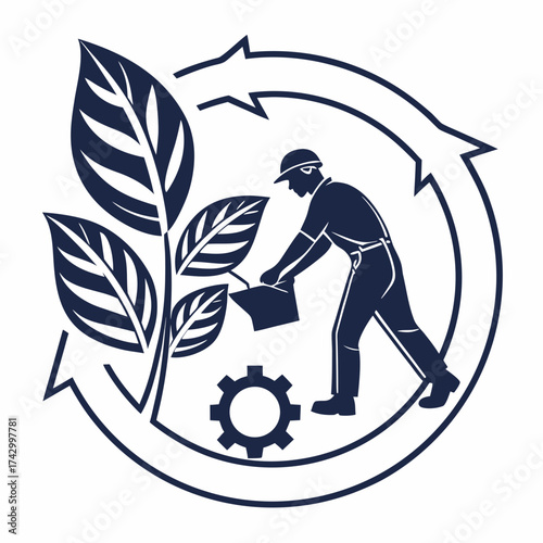 Man watering plant inside of a recycling business icon