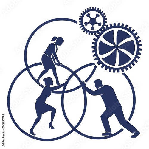 People working together in synergy with gears and circles